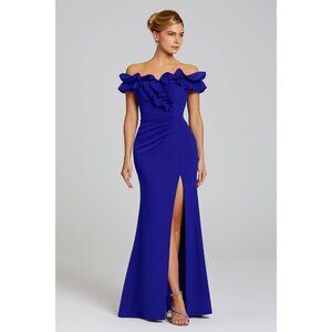 Xscape Womens Size 4 Royal Blue Ruffle Off the Shoulder Full Formal Slit Gown
